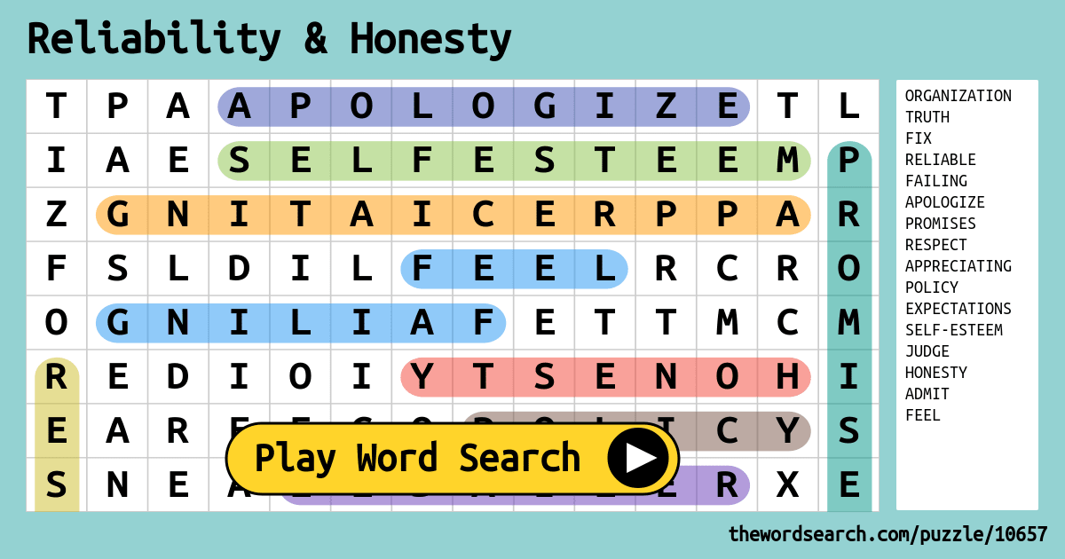 Reliability Honesty Word Search