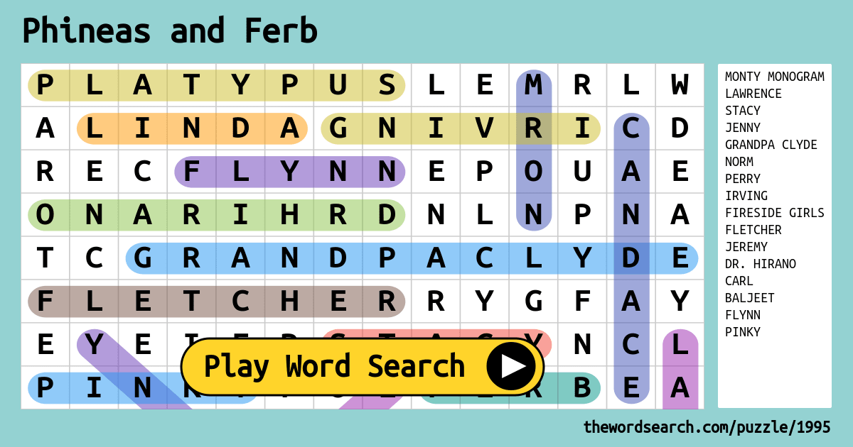 Phineas And Ferb Word Search