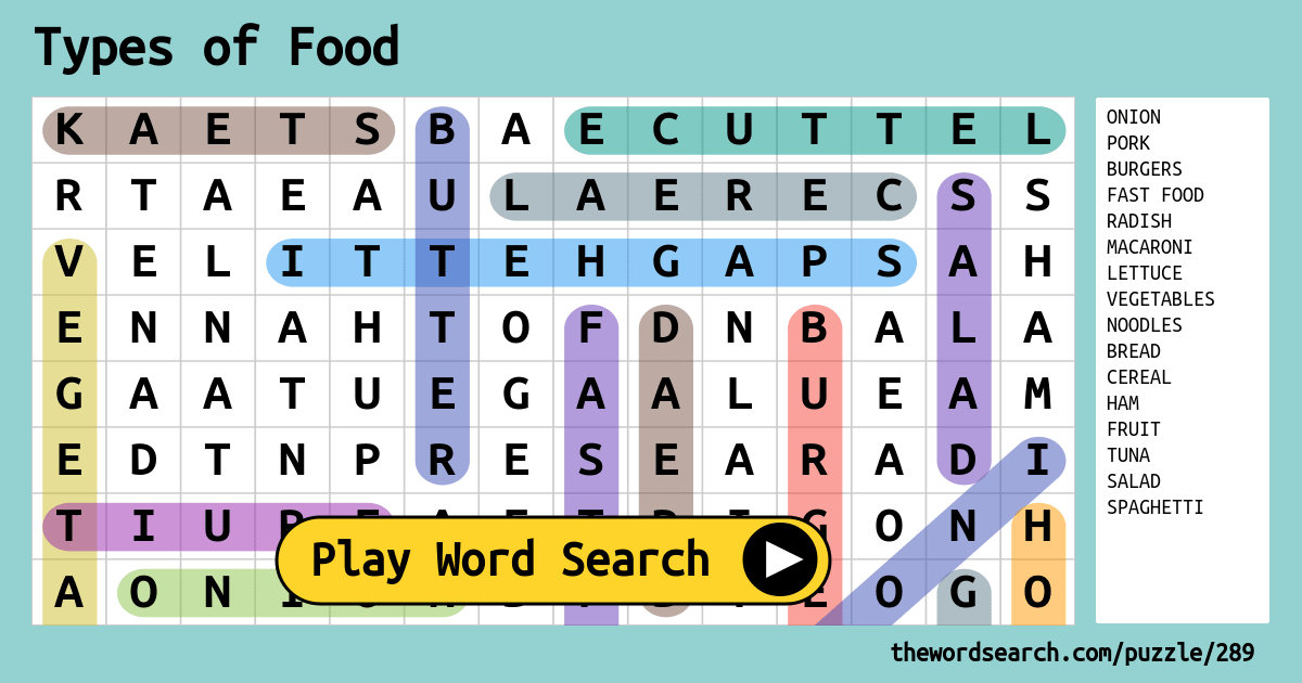 Types Of Food Word Search