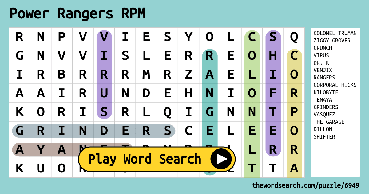 Power Rangers RPM Word Search