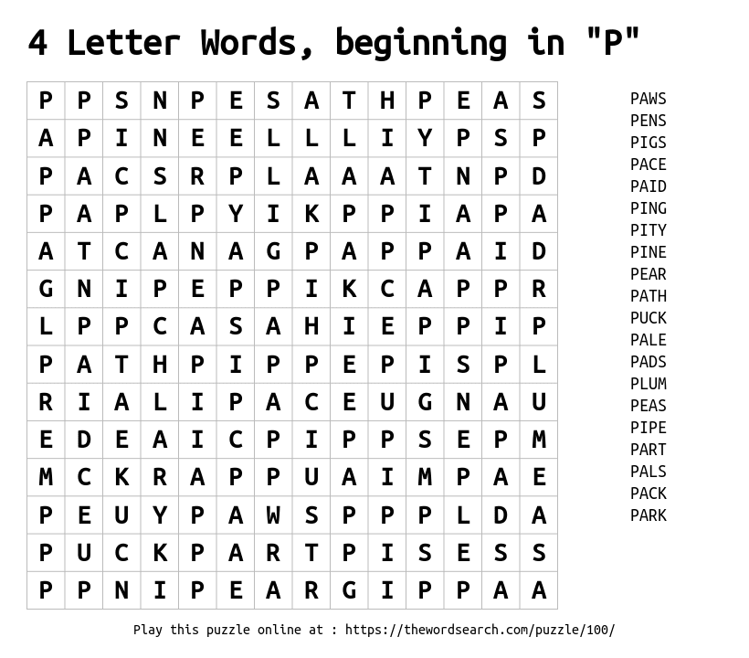 Download Word Search on 4 Letter Words, beginning in &quot;P&quot;