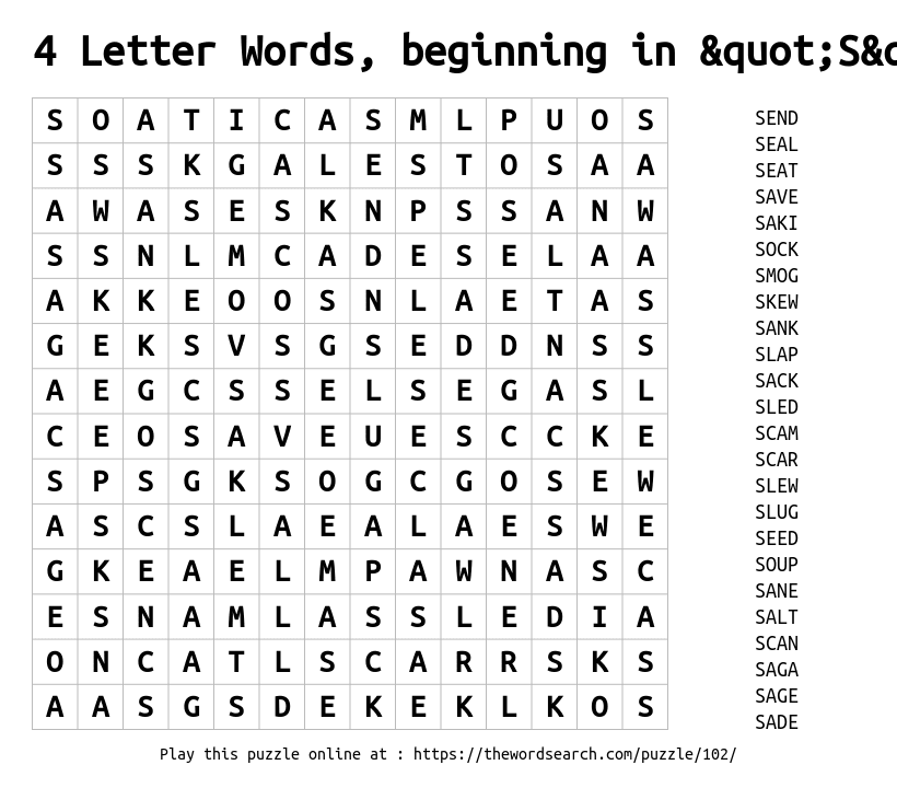 4 Letter Words, beginning in "S" Word Search