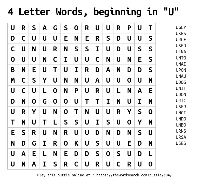 4 Letter Words Beginning In U Word Search