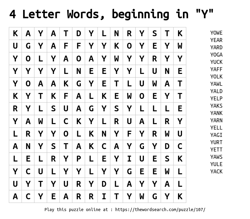 4 Letter Words Beginning In Y Word Search