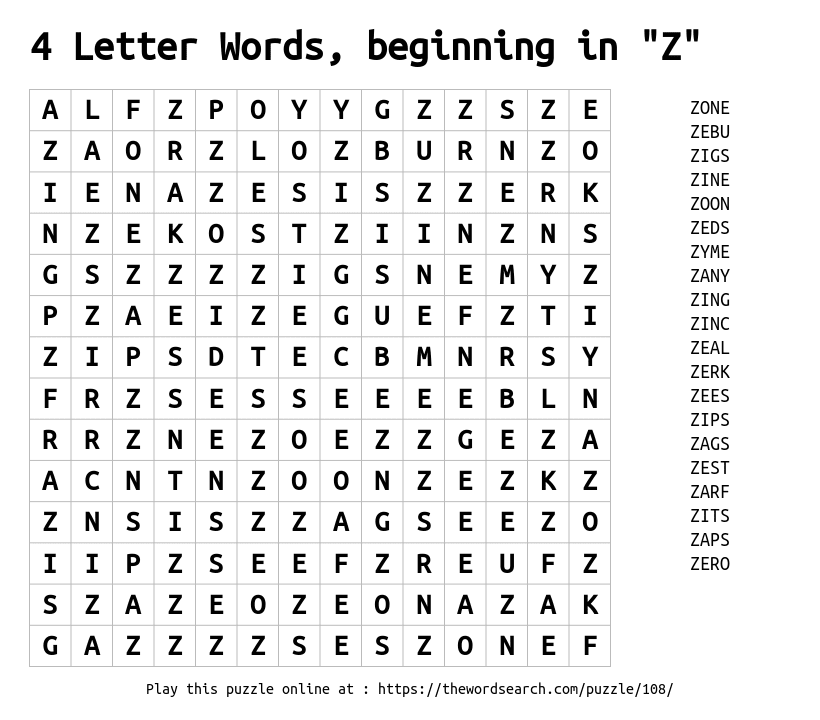 Four Letter Words Starting With Z Levelings