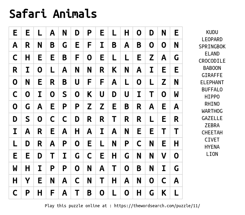 Download Word Search On Safari Animals