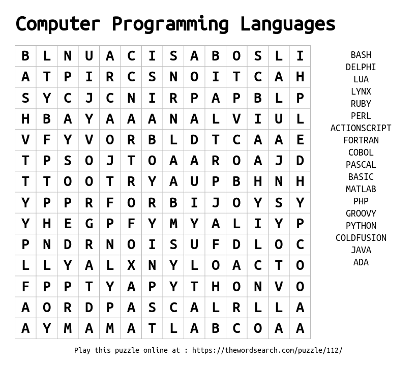 Download Word Search On Computer Programming Languages