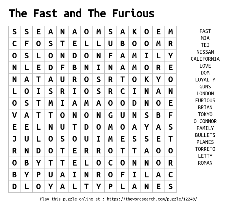 Download Word Search On The Fast And The Furious