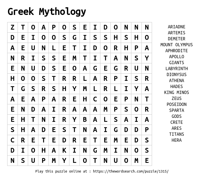 Greek Mythology Word Search