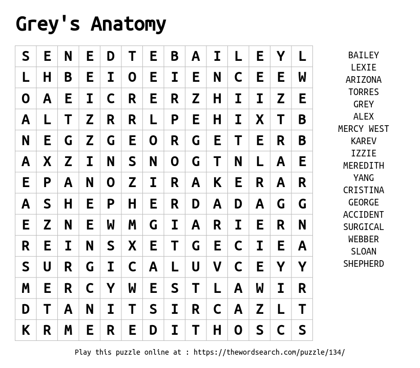 Free Printable Grey S Anatomy Word Search