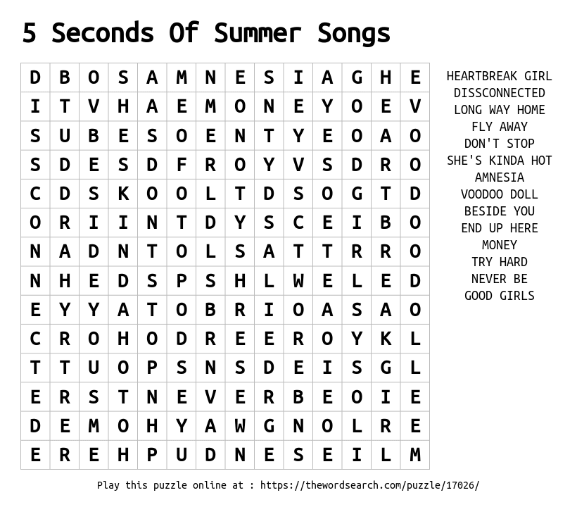 Download Word Search On 5 Seconds Of Summer Songs