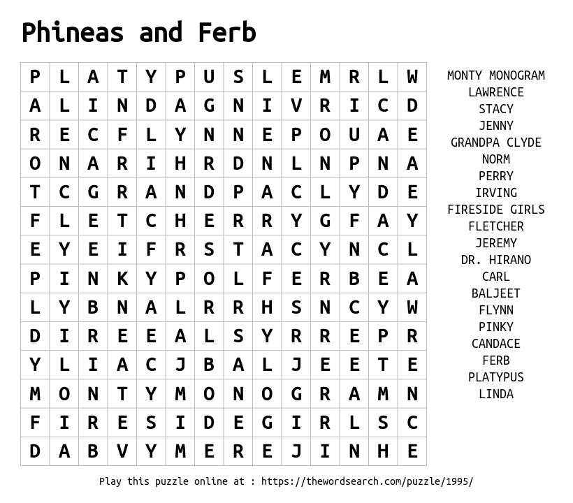 Phineas And Ferb Word Search