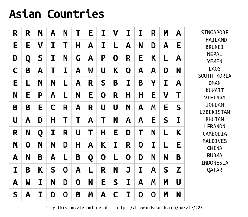 Download Word Search On Asian Countries