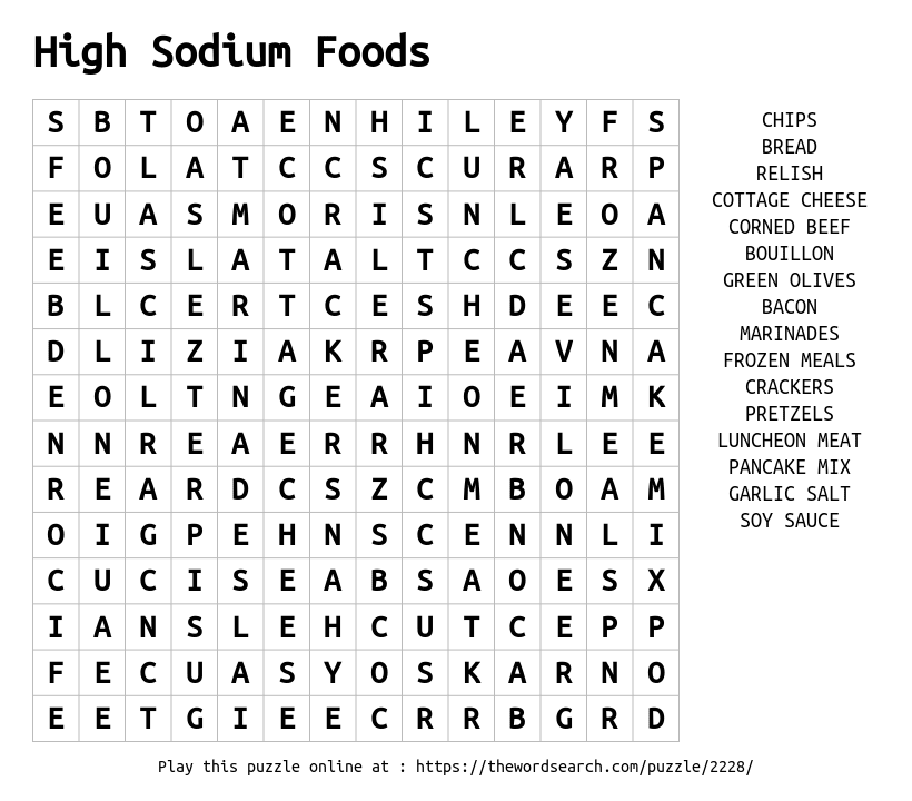 High Sodium Foods Word Search