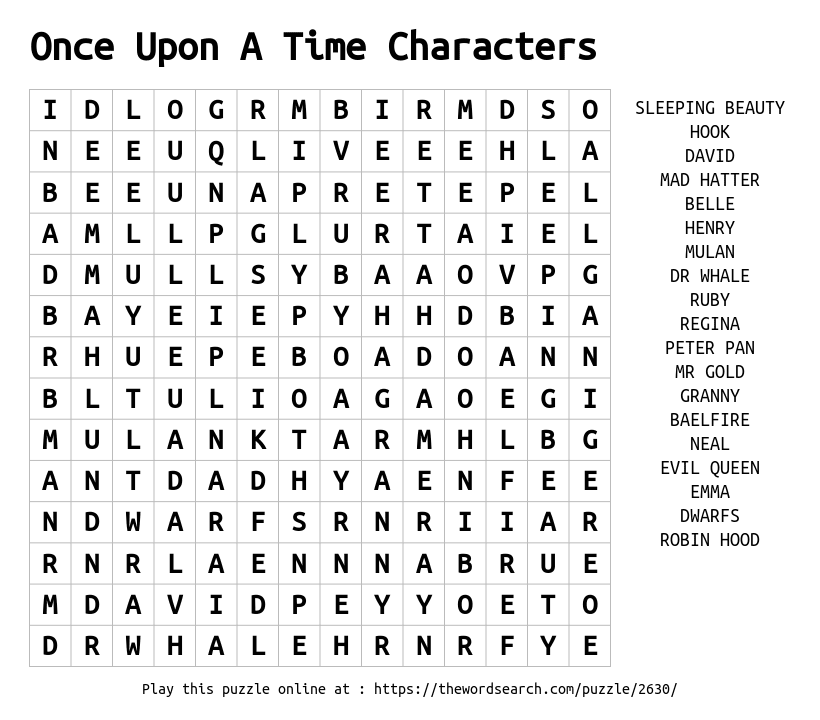 Once Upon A Time Characters Word Search