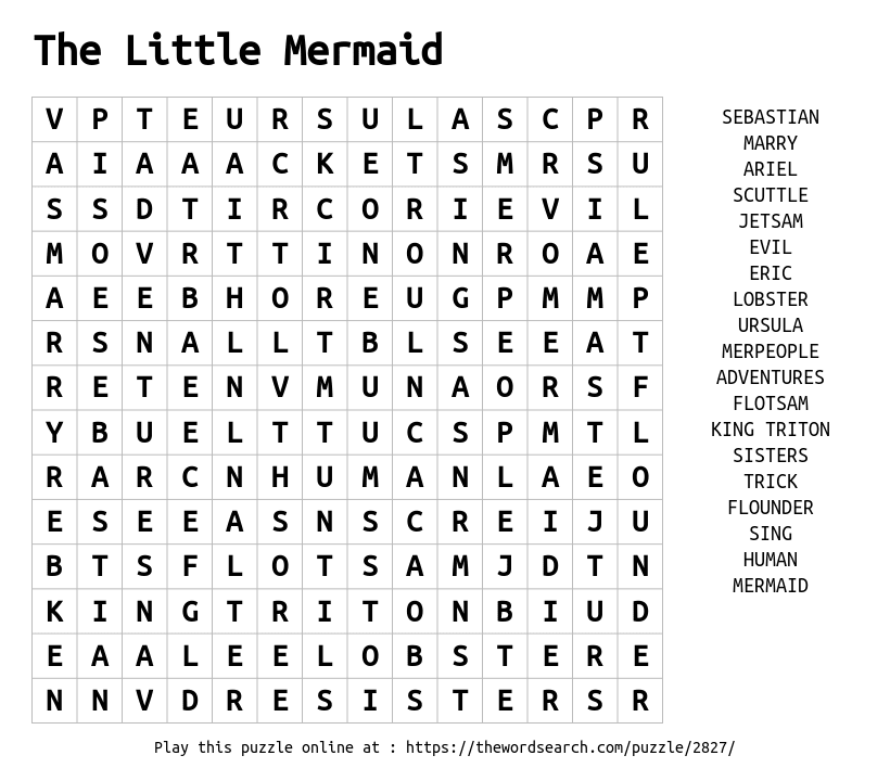 The Little Mermaid Word Search