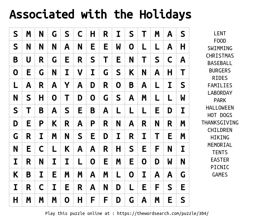 Download Word Search on Associated with the Holidays