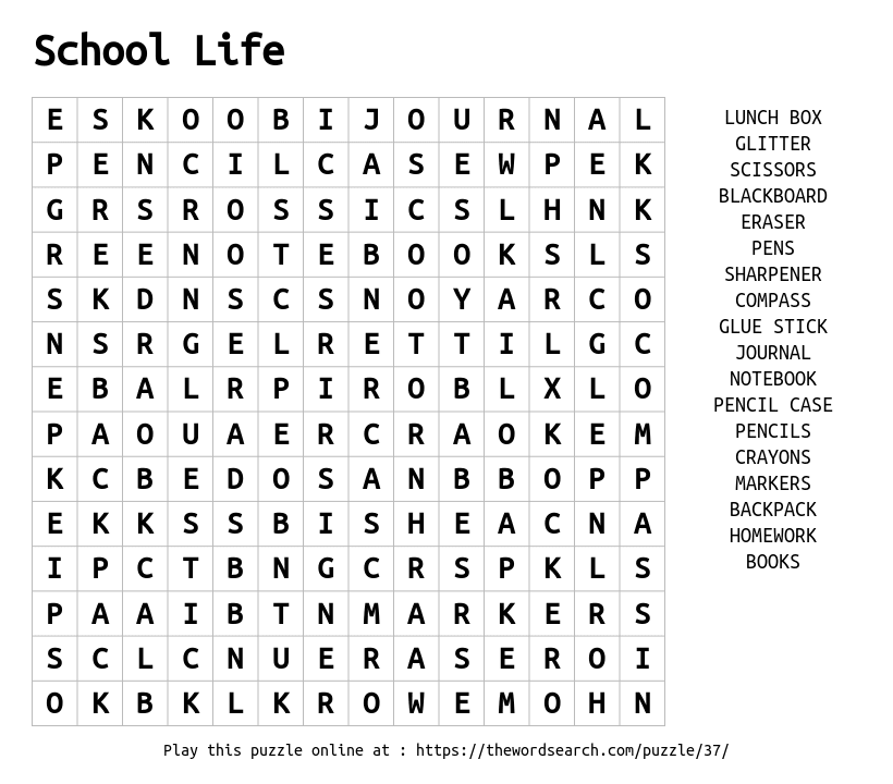 Download Word Search on School Life - 820 x 720 png 28kB
