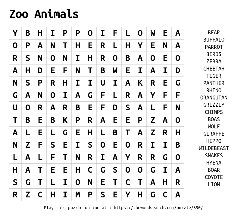 Download Word Search on Zoo Animals