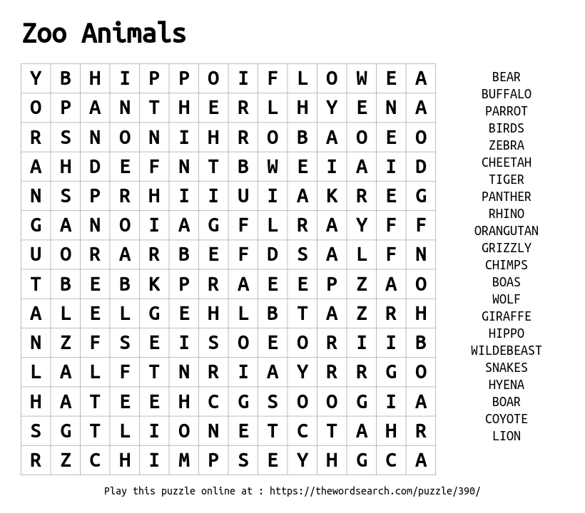 Download Word Search On Zoo Animals