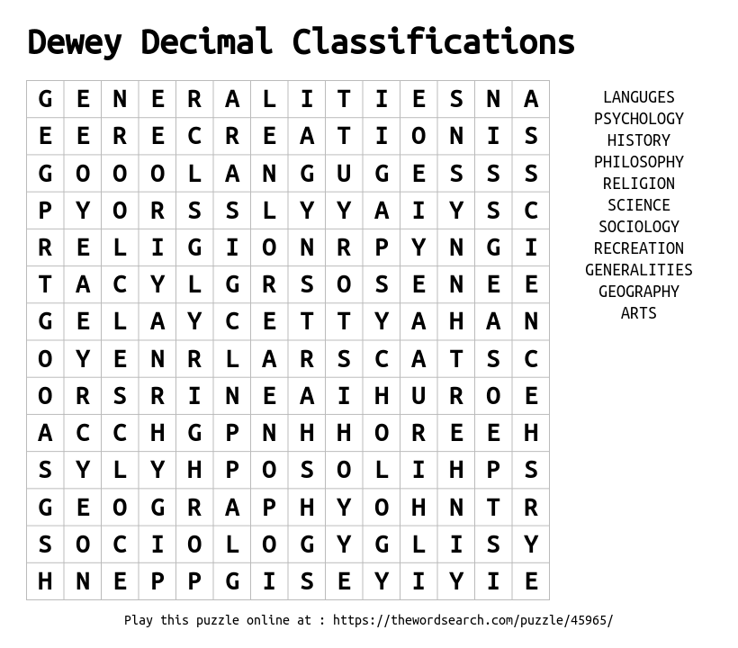 Dewey Decimal Classifications Word Search