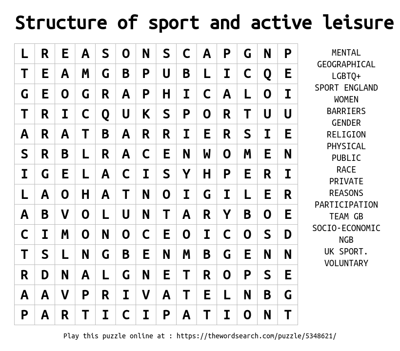 Structure Of Sport And Active Leisure Word Search