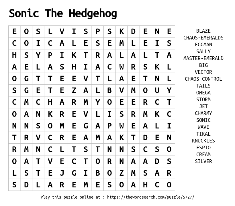 Download Word Search On Sonic The Hedgehog