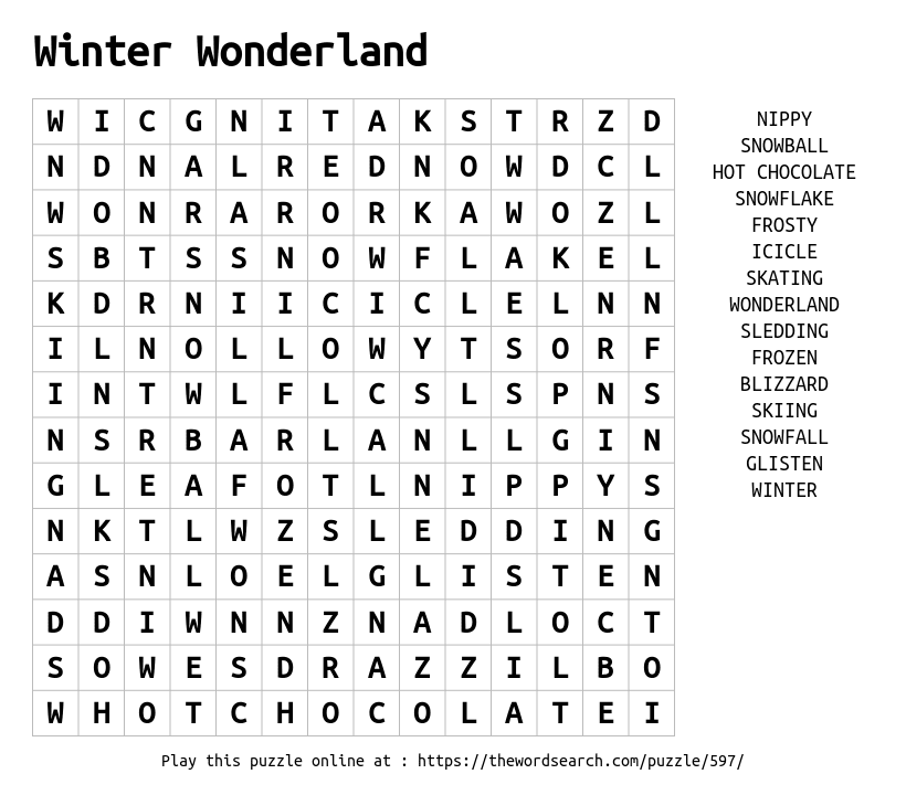 Download Word Search On Winter Wonderland