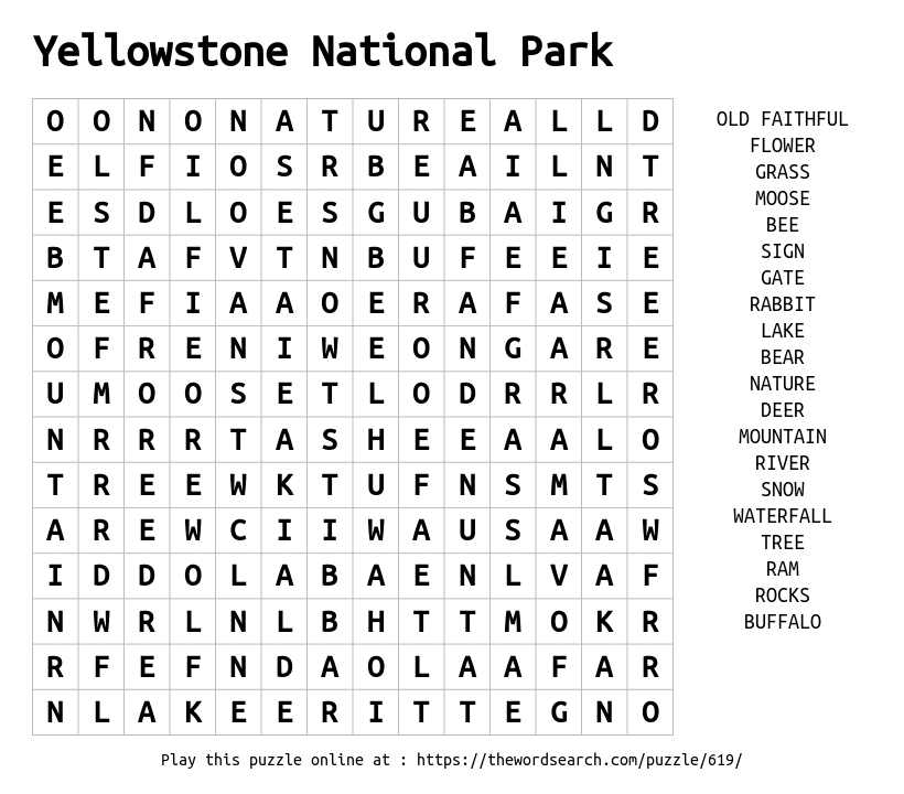 Download Word Search On Yellowstone National Park