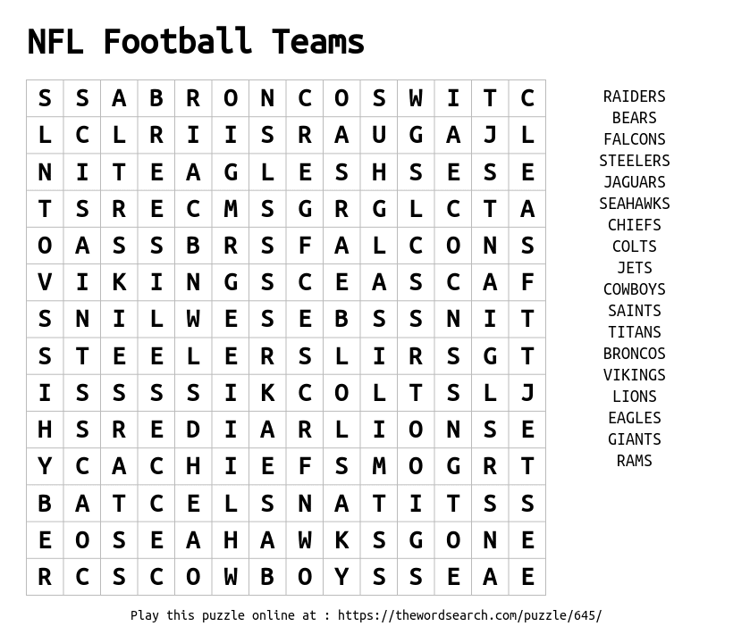 NFL Football Teams Word Search