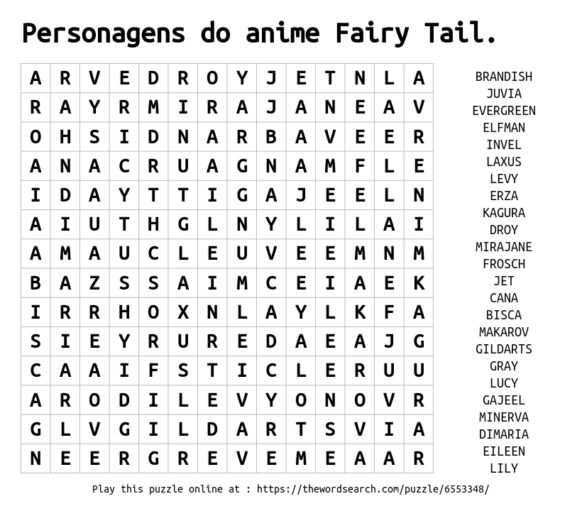 Personagens Do Anime Fairy Tail Word Search