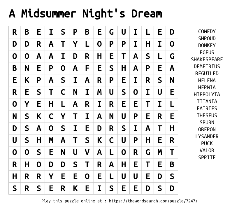 Download Word Search On A Midsummer Night s Dream