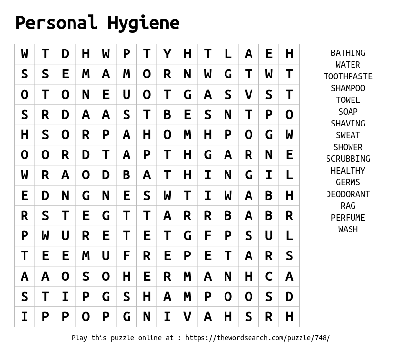 Personal Hygiene Word Search