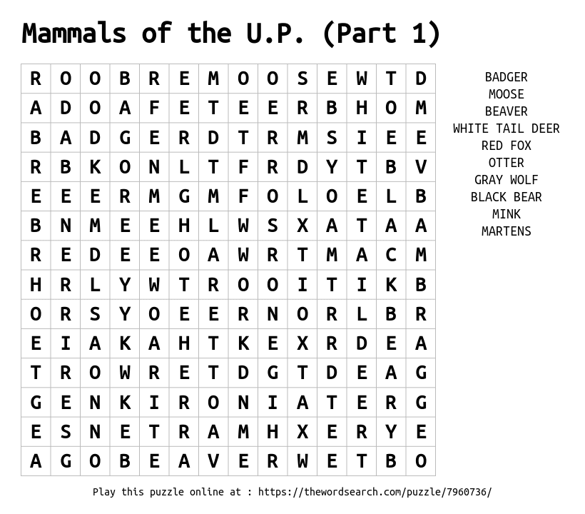 Mammals Of The U P Part 1 Word Search