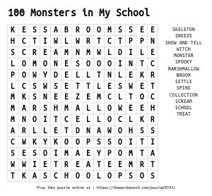 Word Search on 100 Monsters in My School