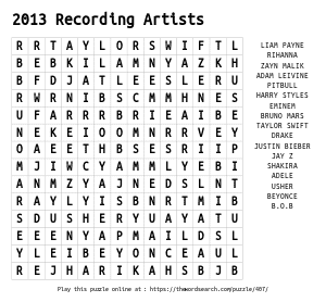 Word Search on 2013 Recording Artists