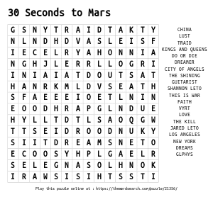 Word Search on 30 Seconds to Mars