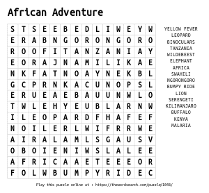 Word Search on African Adventure