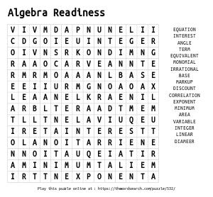 Word Search on Algebra Readiness