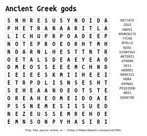 Word Search on Ancient Greek gods 