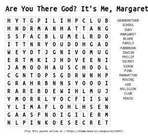 Word Search on Are You There God? It's Me, Margaret