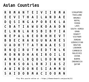 Word Search on Asian Countries