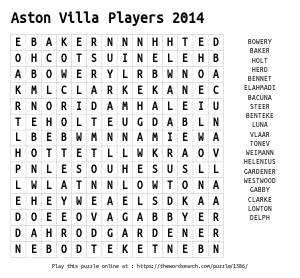 Word Search on Aston Villa Players 2014
