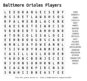 Word Search on Baltimore Orioles Players