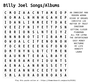 Word Search on Billy Joel Songs/Albums