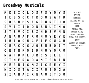 Word Search on Broadway Musicals