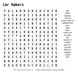 Word Search on Car Makers