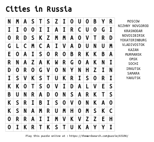 Word Search on Cities in Russia