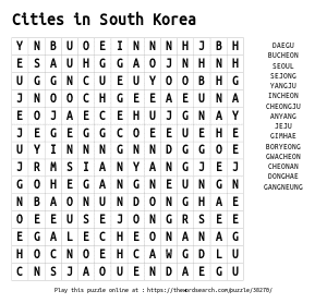 Word Search on Cities in South Korea