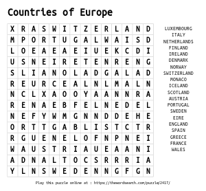 Word Search on Countries of Europe